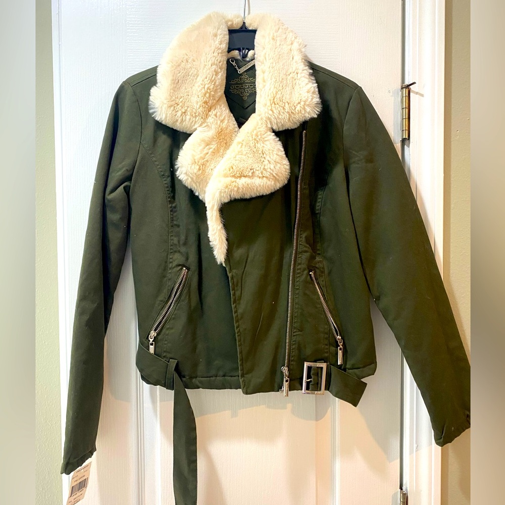 Olive Green Jou Jou Bomber Jacket with Faux Fur